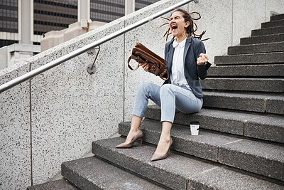 Buy stock photo Anger, shouting and business with woman in city for unemployment, job loss and crisis. Problem, stress and fear with female employee screaming in outdoors for mental health, frustrated and failure 