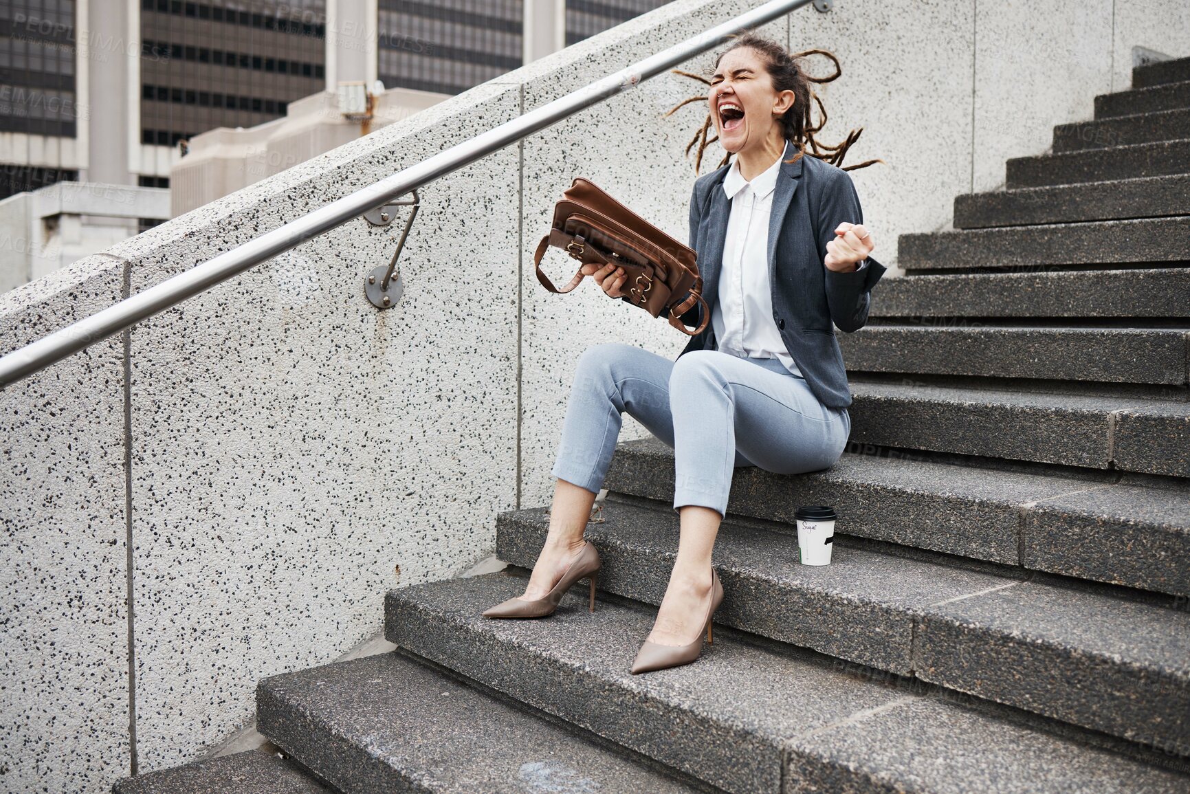 Buy stock photo Anger, shouting and business with woman in city for unemployment, job loss and crisis. Problem, stress and fear with female employee screaming in outdoors for mental health, frustrated and failure 
