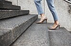 Staircase steps, legs and person walking, travel or on morning journey to law firm, company or office building. Concrete ground, professional attorney or closeup shoes, feet or lawyer climbing stairs