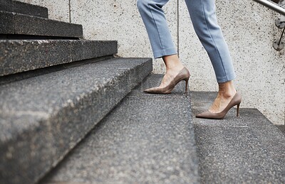 Buy stock photo Staircase steps, legs and person walking, travel and morning journey to law firm, company or office building. Growth progress, future goals or closeup shoes, feet or lawyer climbing stairs to success