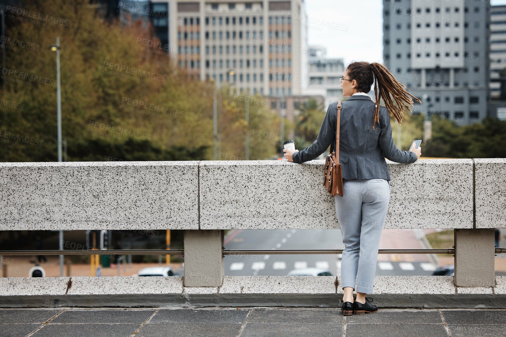 Buy stock photo Business woman, city rooftop and thinking with ideas, vision and planning for future, career or life goal. Female entrepreneur, dream and brainstorming with choice, decision or mindset in metro cbd