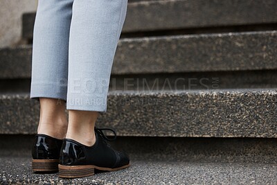 Buy stock photo City staircase, business person and legs waiting, travel or morning journey to work, job or outdoor commute. Company steps, ground floor and closeup shoes, feet or corporate manager climbing stairs