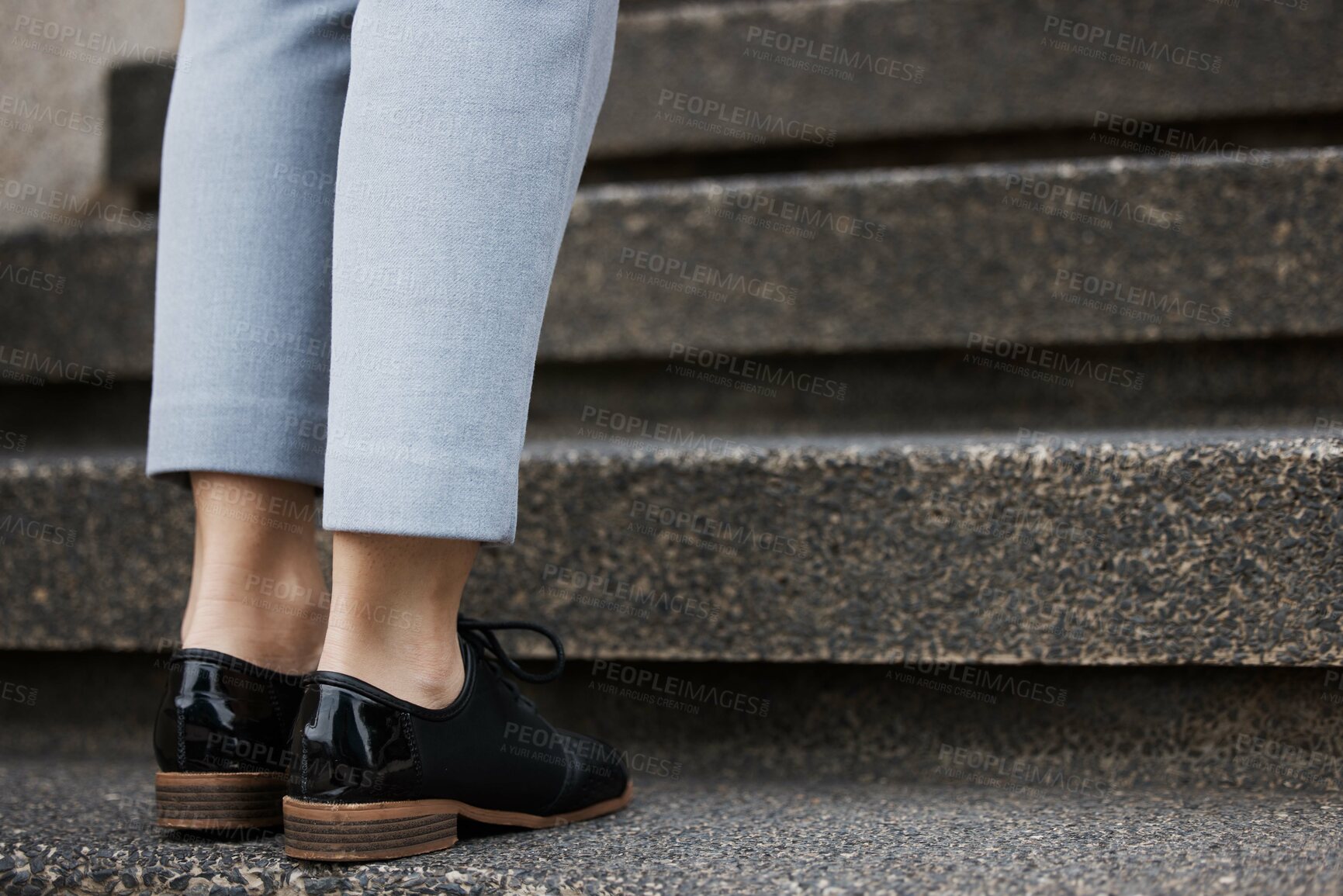 Buy stock photo City staircase, business person and legs waiting, travel or morning journey to work, job or outdoor commute. Company steps, ground floor and closeup shoes, feet or corporate manager climbing stairs