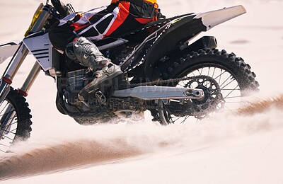 Buy stock photo Sports, speed and person on motorbike in desert for training, workout and challenge on sand. Extreme transport, travel and cyclist with motorcycle in action for adventure, freedom and adrenaline