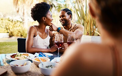 Buy stock photo Outdoor lunch, friends and happy black couple, woman and man wipe, cleaning and remove food from African girlfriend. Together, reunion and people bonding, smile and enjoy meal, buffet or brunch