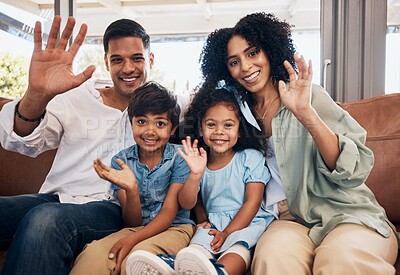 Buy stock photo Video call, wave and portrait of a family on a sofa in the living room together for bonding at home. Happy, smile and young children with their parents greeting for virtual conversation in the lounge