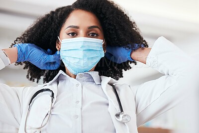 Buy stock photo Doctor, woman and face mask for virus, bacteria and protection in medical exam, clinic or hospital. Healthcare worker, surgeon or nurse in portrait for covid 19 health, safety and medical compliance 
