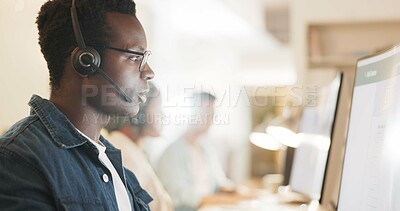 Buy stock photo Call center, consulting and online with black man in office for contact us, communication and customer support. Salesman, help desk and technical support with person in crm agency for telemarketing