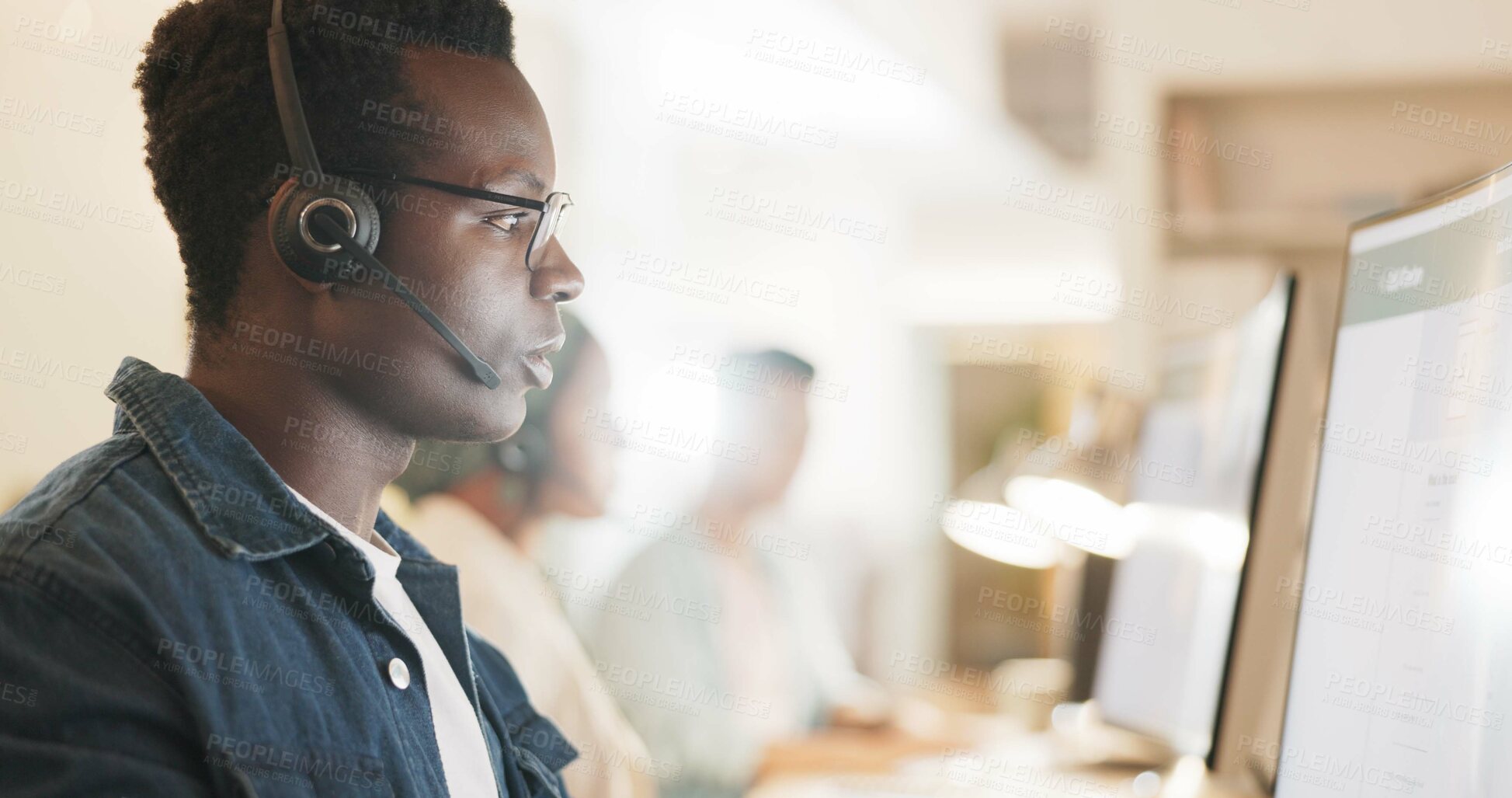 Buy stock photo Call center, consulting and online with black man in office for contact us, communication and customer support. Salesman, help desk and technical support with person in crm agency for telemarketing