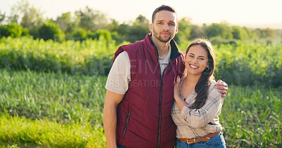 Buy stock photo Agriculture, farm and portrait of happy couple in field, sustainable business and small business. Farming, happy woman and man in countryside with grass, embrace and smile, love and working together.