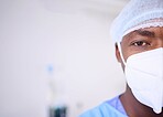 Portrait, face mask and black man, surgeon or healthcare expert for surgery support, hospital services or medical help. Wellness, mockup space and health doctor commitment in operating room theatre