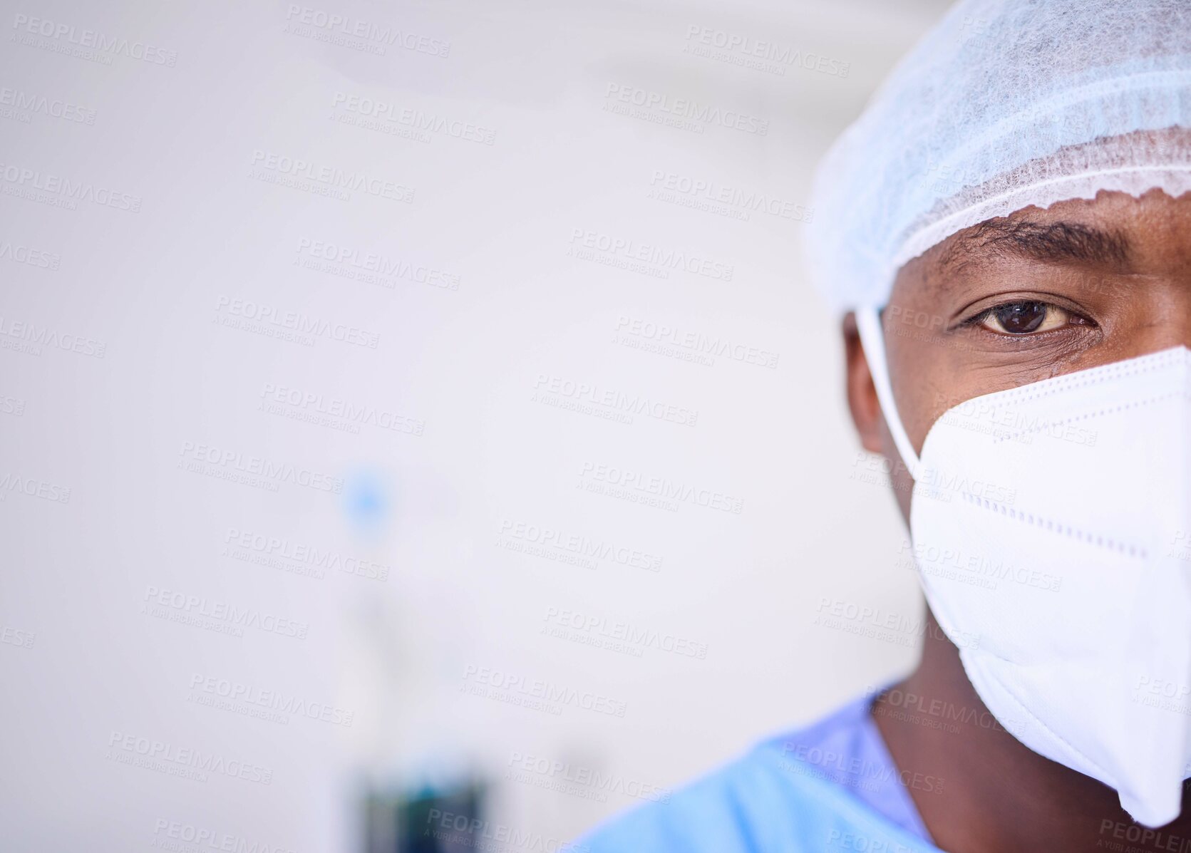 Buy stock photo Portrait, face mask and black man, surgeon or healthcare expert for surgery support, hospital services or medical help. Wellness, mockup space and health doctor commitment in operating room theatre