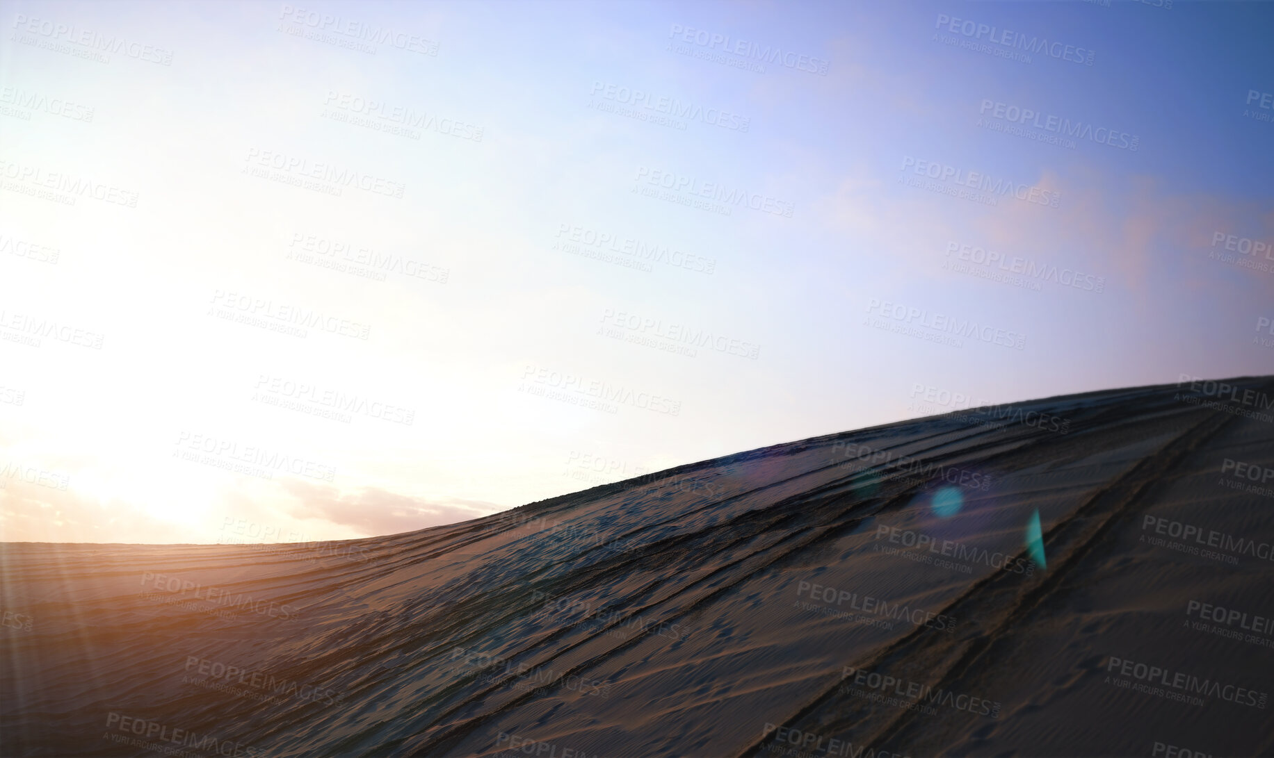 Buy stock photo Hill, sunrise and pattern of dunes with desert, blue sky and clouds in sunshine. Sun, sand and dirt track with background in landscape, sunset or off road terrain on the horizon, land or nature