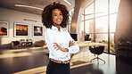 Business woman, arms crossed and happy in portrait with fashion, startup or modern office at company. AI generated entrepreneur, African person and smile with pride, finance agency and leadership