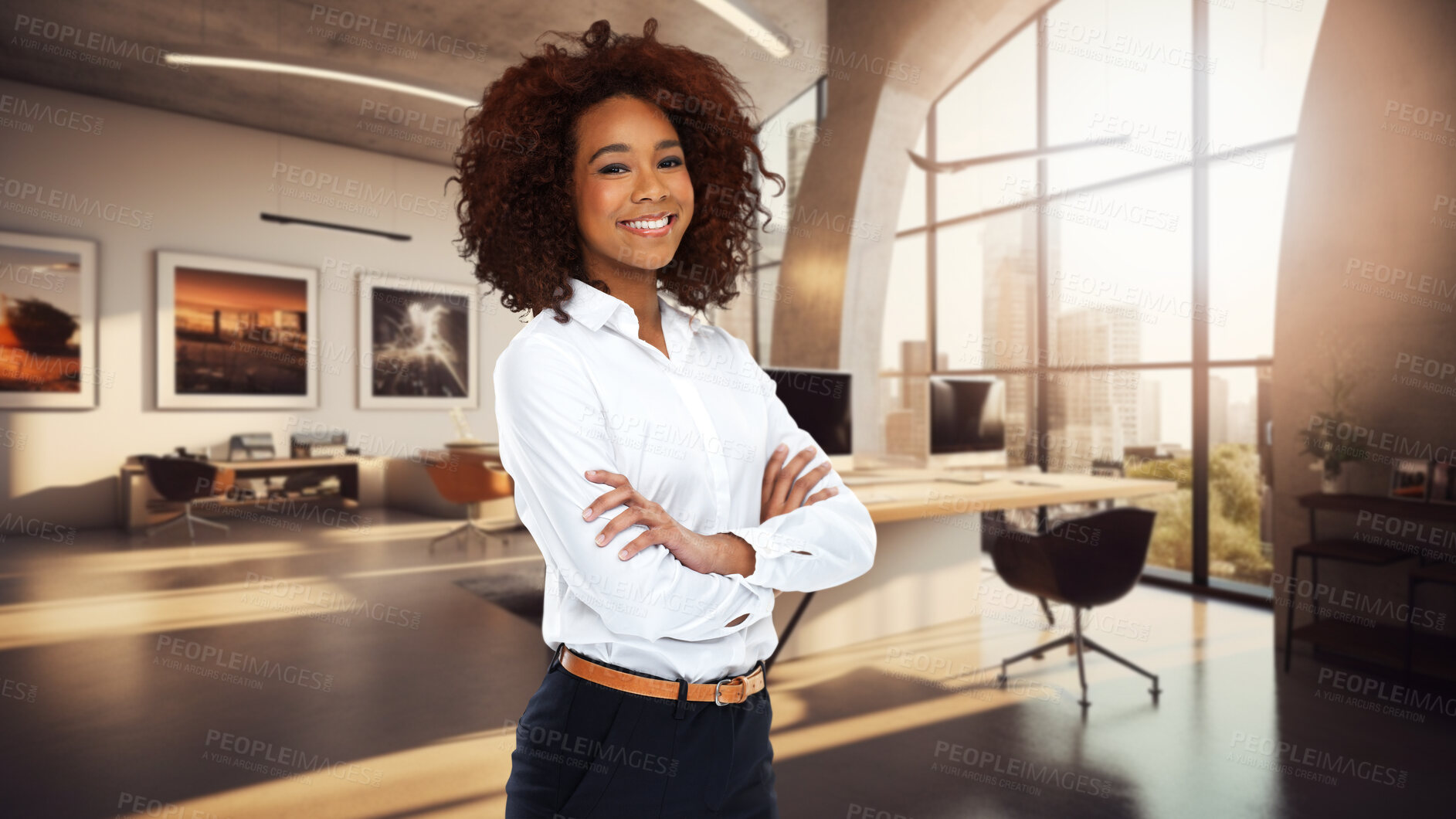 Buy stock photo Business woman, arms crossed or happy in portrait for fashion, startup or modern office at company. AI generated entrepreneur, African person or smile for pride, finance agency or professional career