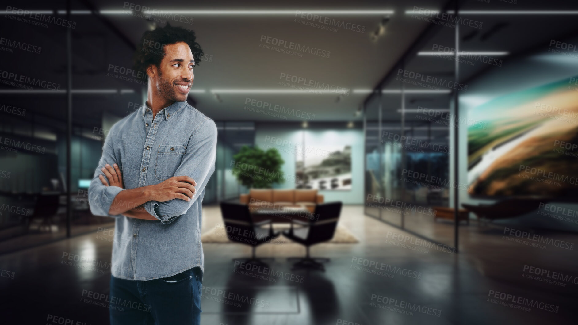 Buy stock photo Business man, arms crossed and thinking in office with smile for vision, ideas or strategy for development. AI generated entrepreneur, African person and startup for brainstorming, decision or choice