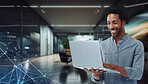 Happy man, laptop and networking at office for connection, digital access or communication. Male person or creative employee smile with computer technology or ai generated design at startup workplace