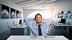 Businessman, portrait and relax at office on break for the work of art, design or creativity. Handsome man or ai generated employee smile while sitting back in rest for creative startup at workplace