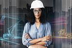 Portrait, arms crossed and an architect woman on double exposure background for engineering or design. Construction, industry and management with a confident or serious building supervisor on site