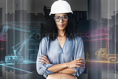 Buy stock photo Portrait, arms crossed and an architect woman on double exposure background for engineering or design. Construction, industry and management with a confident or serious building supervisor on site