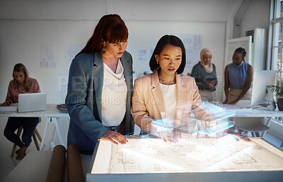 Buy stock photo Architecture, collaboration and double exposure hologram with women in a design office for planning or innovation. Teamwork, 3d engineering or rendering technology and business people with blueprints
