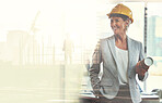 Woman, engineering and double exposure in city for urban planning, infrastructure or development. Happy person, hard hat and blueprints with excited face for career, job or occupation in architecture