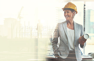 Buy stock photo Woman, engineering and double exposure in city for urban planning, infrastructure or development. Happy person, hard hat and blueprints with excited face for career, job or occupation in architecture