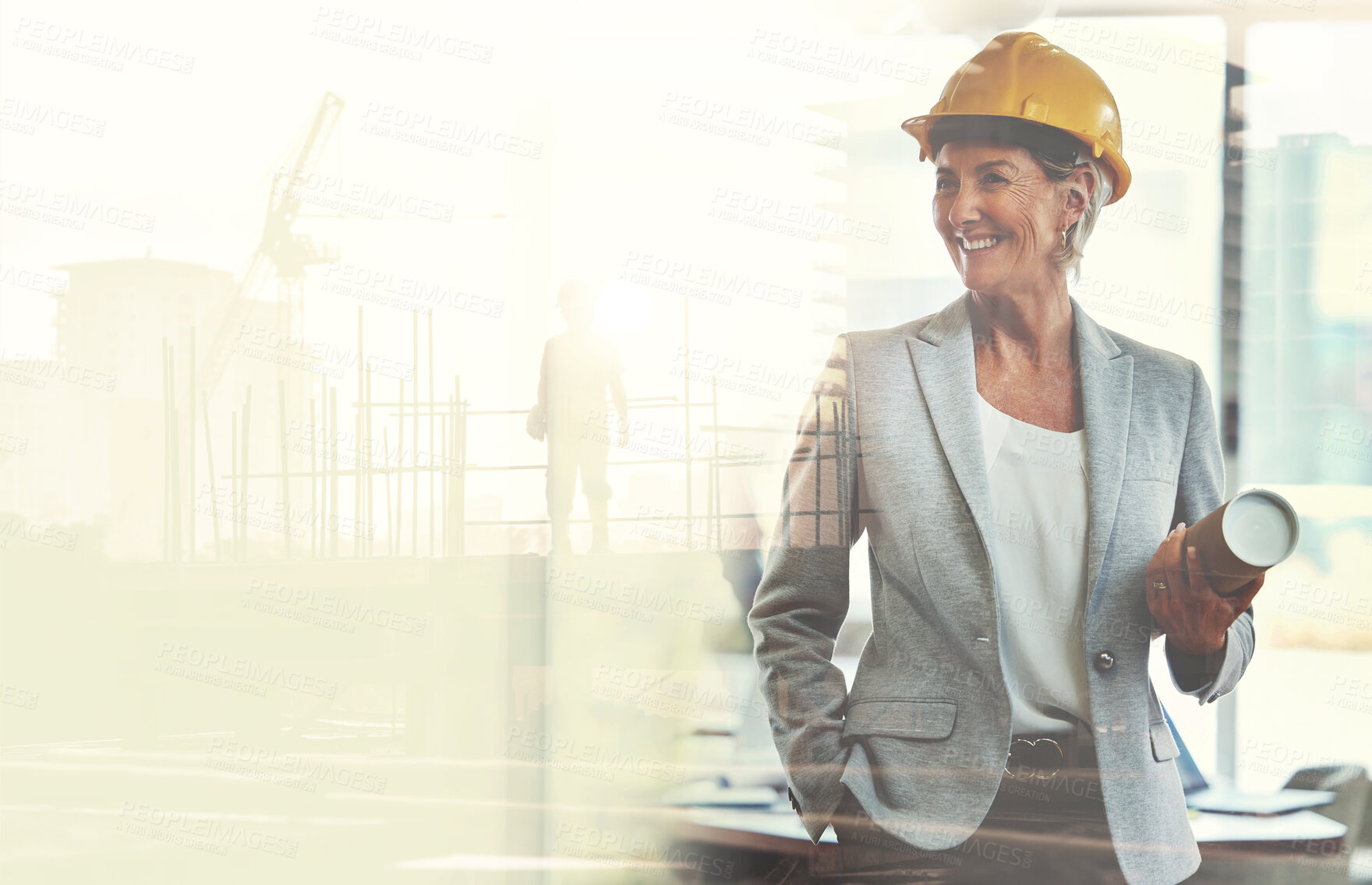 Buy stock photo Woman, engineering and double exposure in city for urban planning, infrastructure or development. Happy person, hard hat and blueprints with excited face for career, job or occupation in architecture