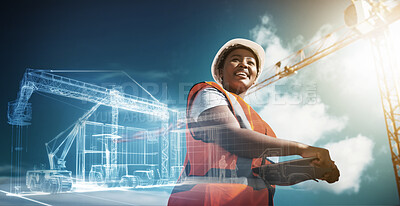 Buy stock photo Woman, construction and double exposure in city for development, urban planning or infrastructure. Black person,  female contractor and clipboard with lens flare, excited face or smile for project