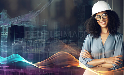 Buy stock photo Portrait, arms crossed and an engineering woman on double exposure background for architecture or design. Construction worker, smile or happy and a confident building manager with overlay effect
