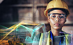 Portrait, woman and double exposure for construction in city for urban planning, infrastructure or development. Black person, female contractor and hard hat for safety, protection and site in overlay
