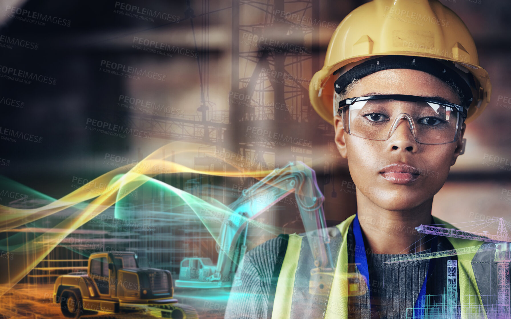 Buy stock photo Portrait, woman and overlay for construction in city for urban planning, infrastructure or development. Black person, female contractor and hard hat for safety, protection and site in double exposure