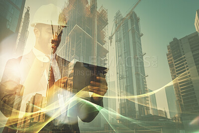 Buy stock photo Happy man, tablet and double exposure for architecture in city for urban infrastructure, development or planning. Male person, civil engineering and technology with lens flare in overlay for future