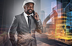 Portrait, businessman and phone call in double exposure for construction in city with overlay, graphic and urban development. Black person, manager and engineering with technology for communication