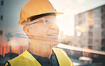 Face, vision and double exposure with an old man construction worker on a building site for planning. Smile, thinking and architecture with a senior person looking at a building for industry design