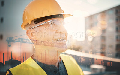 Buy stock photo Face, vision and double exposure with an old man construction worker on a building site for planning. Smile, thinking and architecture with a senior person looking at a building for industry design