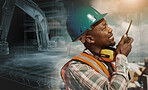 Man, walkie talkie and double exposure for construction n city for urban infrastructure, planning and development. Black person, male contractor and hard hat for safety on site for industrial vehicle
