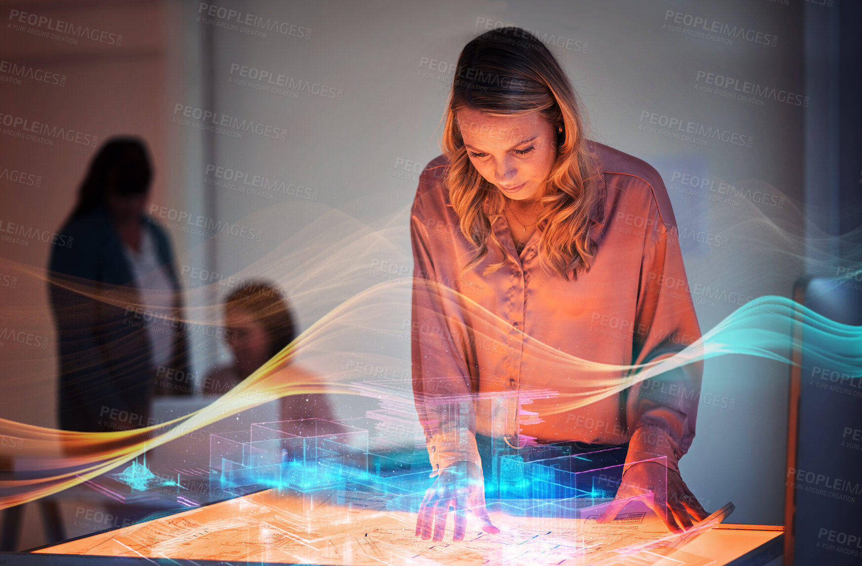 Buy stock photo Woman, architect and hologram of construction plan, design and project management in office. Female person, creative 3d presentation and futuristic model or technology, engineering and overlay