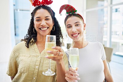 Buy stock photo Women friends, champagne and portrait in office at Christmas, party and celebration drink with cheers together. Excited girl, xmas and glass for alcohol, sparkling wine and happy at event for holiday