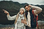Hiking, anxiety and lost couple with a phone in nature for direction, map or navigation with stress. Backpacking, travel and people with smartphone app for location search or navigation to campsite