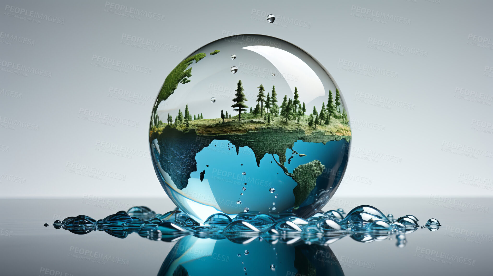 Buy stock photo Forest, water globe, and nature conservation for preserving forests and water. Green, vibrant, and symbolic globe promoting environmental awareness.