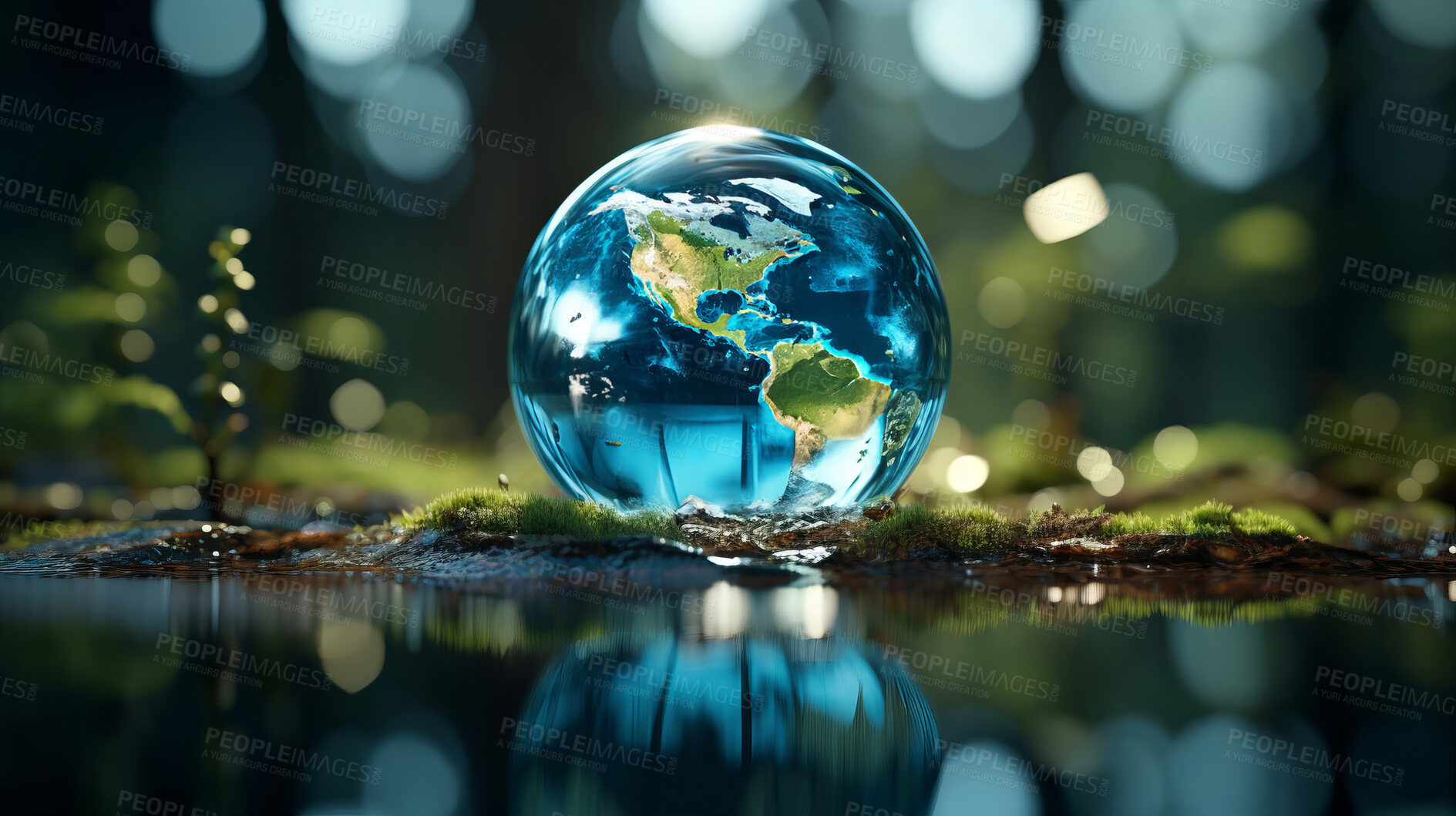 Buy stock photo Planet, water and globe in forest for Earth day, environment protection and save environment water. Nature, support and world habitat for climate change awareness, green energy or sustainability help