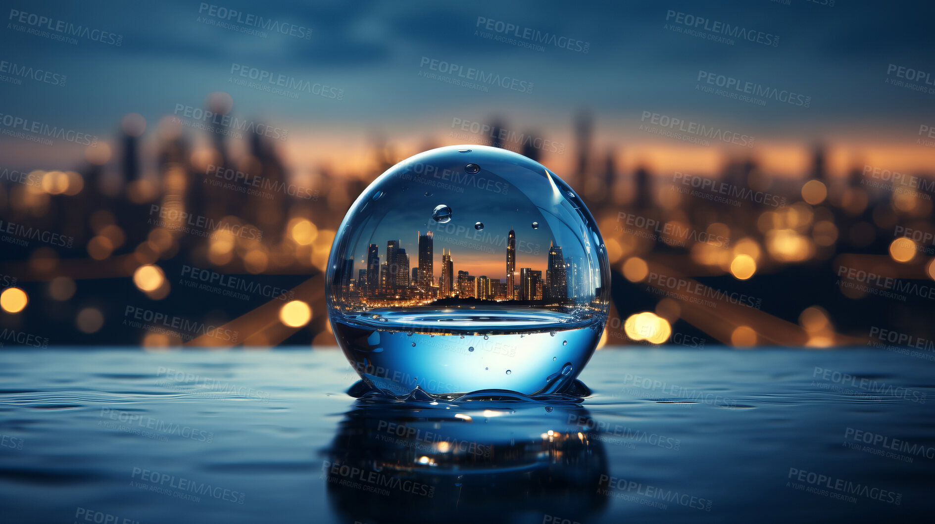 Buy stock photo City, water drop, and sky during sunset for Earth Day, environment protection, and save water. Urbanisation, natural habitats, and climate change awareness. Green energy supporting the world.