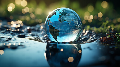 Planet, water and globe in forest for Earth day, environment protection and save environment water. Nature, support and world habitat for climate change awareness, green energy or sustainability help