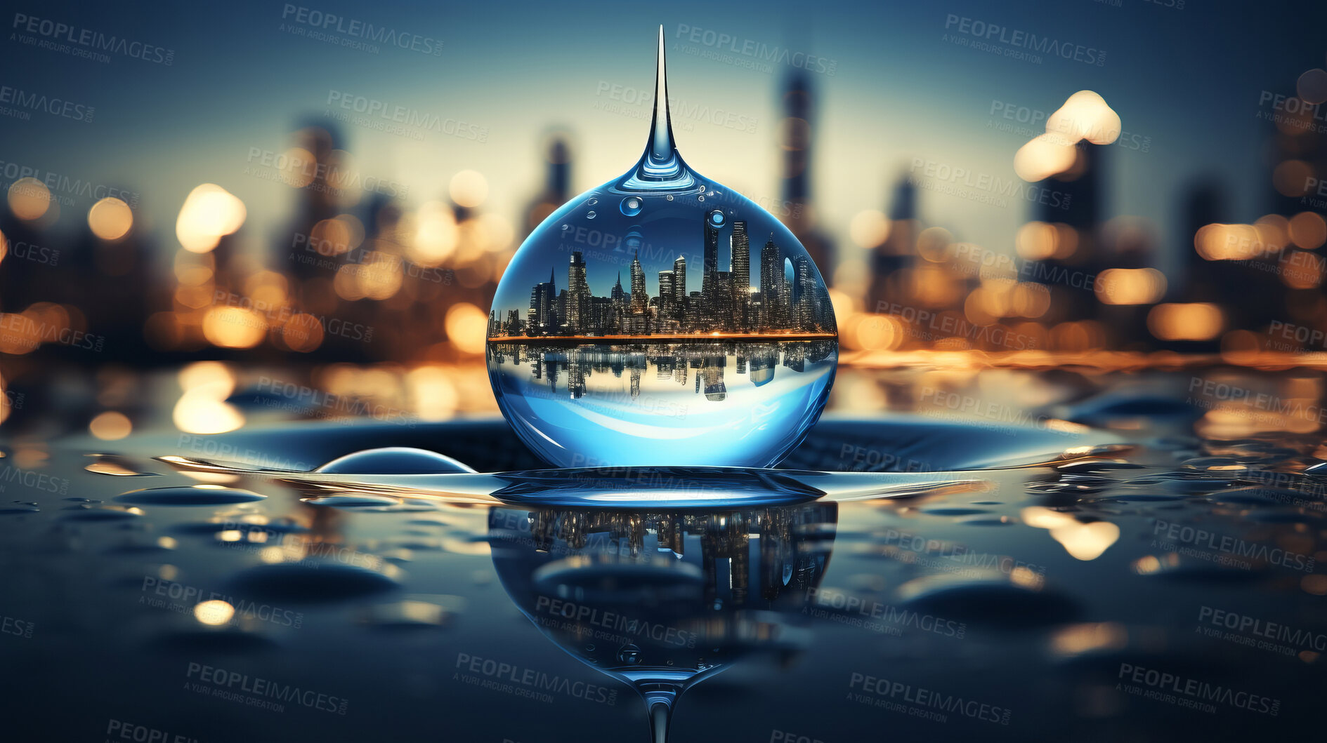 Buy stock photo City, water drop, and sky during sunset for Earth Day, environment protection, and save water. Urbanisation, natural habitats, and climate change awareness. Green energy supporting the world.