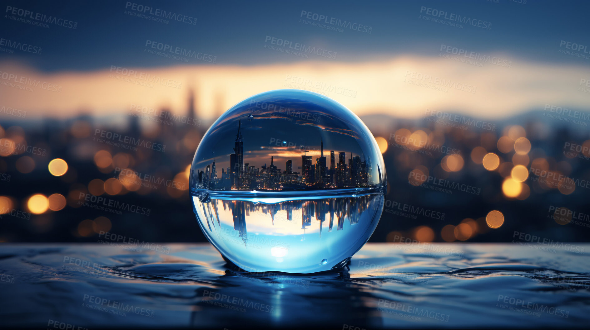 Buy stock photo City, water drop, and sky during sunset for Earth Day, environment protection, and save water. Urbanisation, natural habitats, and climate change awareness. Green energy supporting the world.