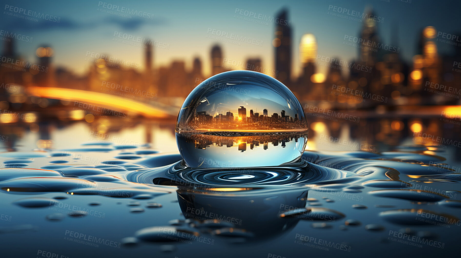 Buy stock photo City, water drop, and sky during sunset for Earth Day, environment protection, and save water. Urbanisation, natural habitats, and climate change awareness. Green energy supporting the world.