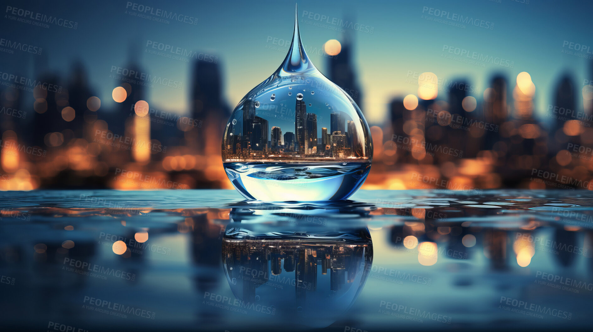 Buy stock photo City, water drop, and sky during sunset for Earth Day, environment protection, and save water. Urbanisation, natural habitats, and climate change awareness. Green energy supporting the world.