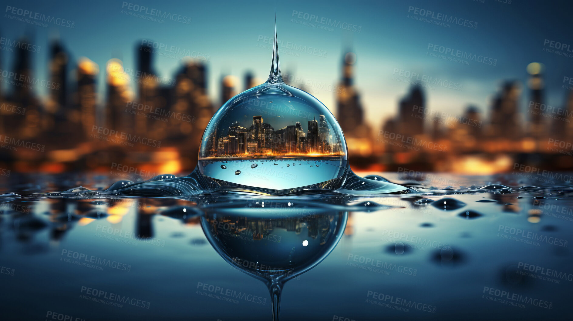 Buy stock photo City, water drop, and sky during sunset for Earth Day, environment protection, and save water. Urbanisation, natural habitats, and climate change awareness. Green energy supporting the world.