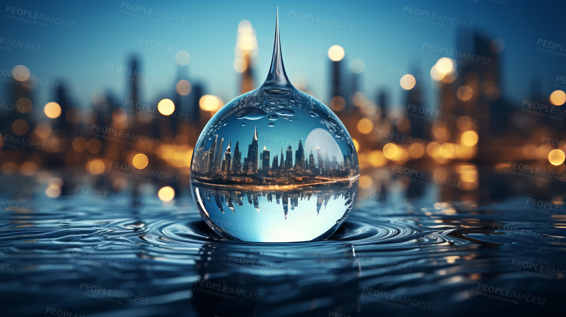 Buy stock photo City, water drop, and sky during sunset for Earth Day, environment protection, and save water. Urbanisation, natural habitats, and climate change awareness. Green energy supporting the world.